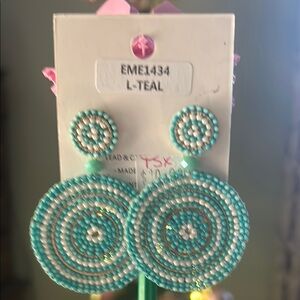 Teal and White Beaded Earrings very lightweight for the size,w/ pearl detailing.
